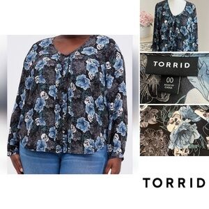 Torrid Blue and Black Floral and Skull Blouse